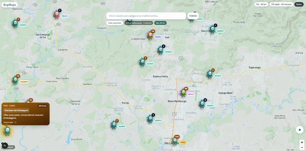 Mapa RepMaps com Pinos por cidade e demanda de matérias-primas